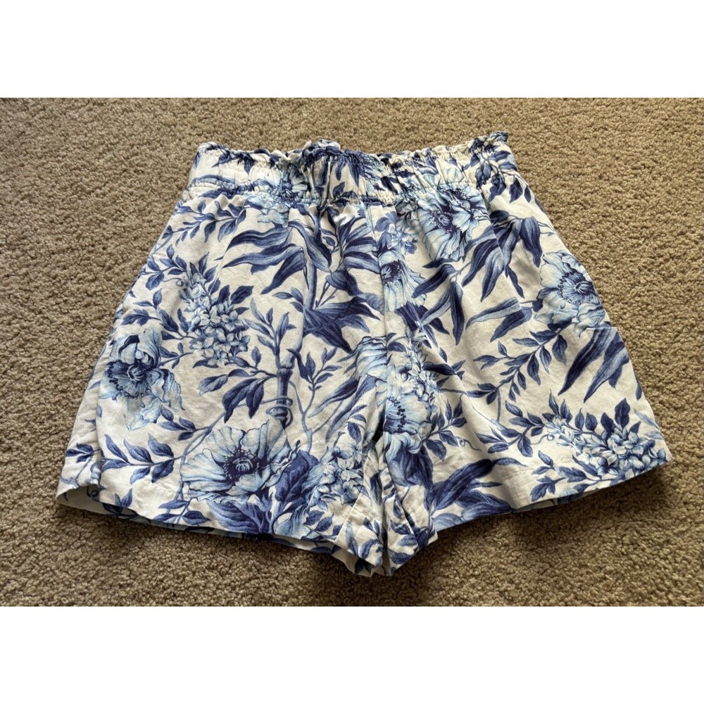 Zara Shorts US Small Blue Cream Boho Floral Print Ruffled Hem
